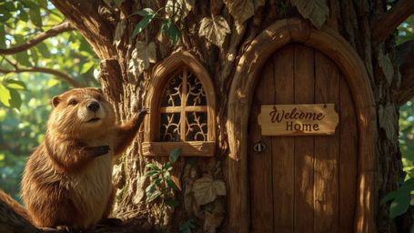 A highly detailed, high-resolution stock photo of a beaver, reminiscent of a Pixar animation, with warm, golden fur and brigh
