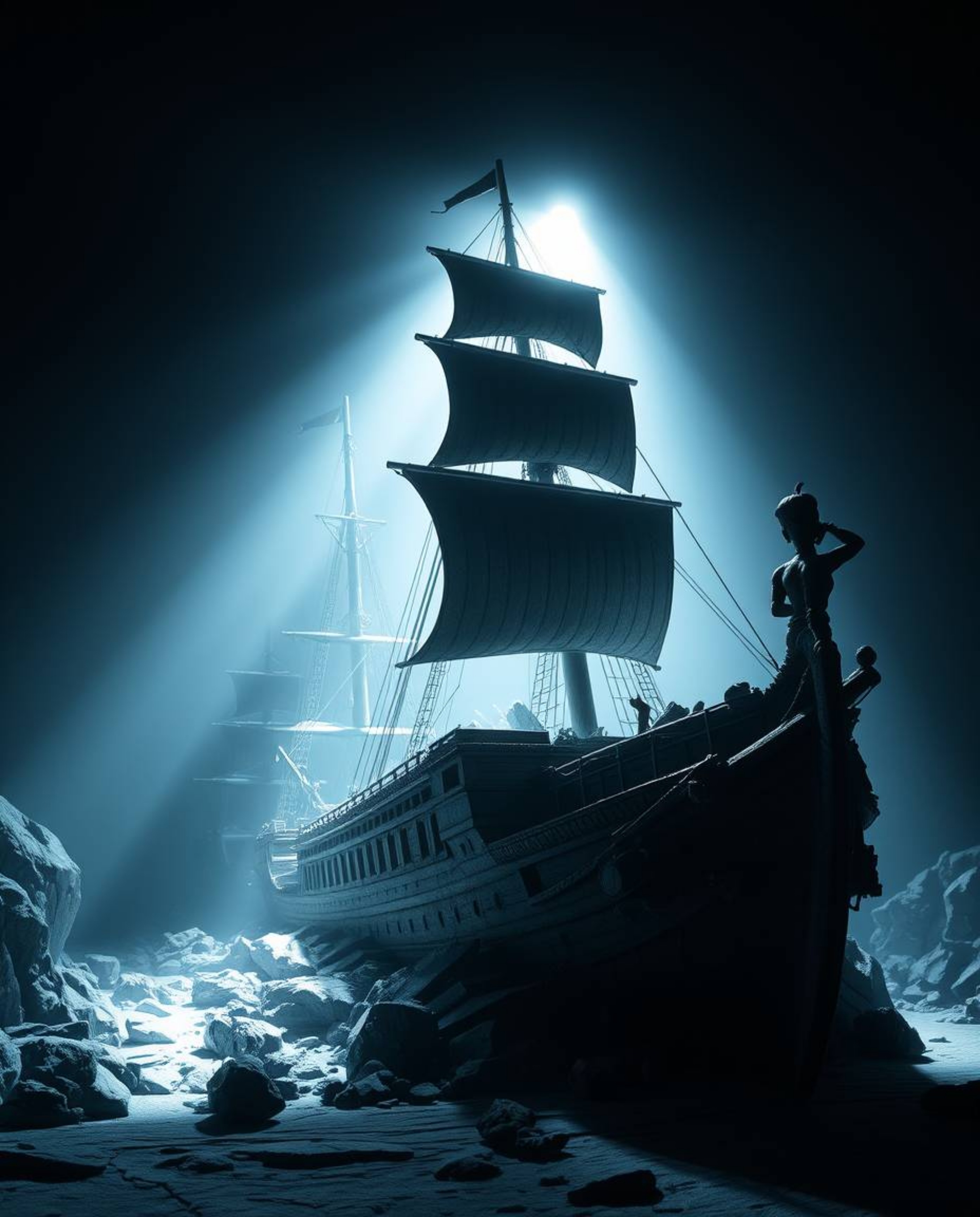 This grand, epic sculptural clay art piece depicts a silhouetted, backlit shipwreck illuminated deep underwater. Showcasing m