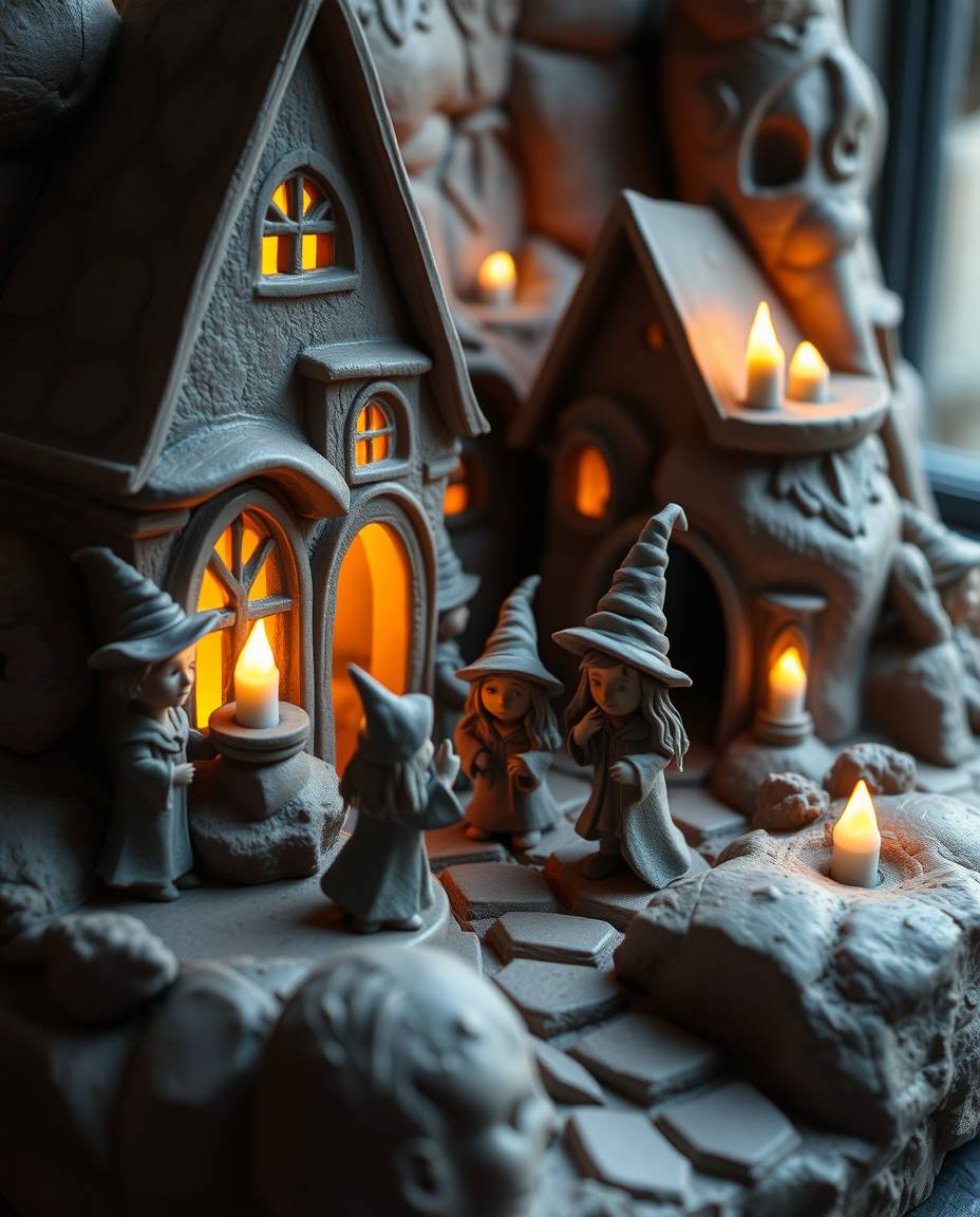 Explore a magical school brought to life in sculptural clay art, depicting young wizards amidst a warm, candlelit glow. The d