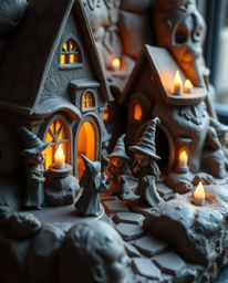 Explore a magical school brought to life in sculptural clay art, depicting young wizards amidst a warm, candlelit glow. The d