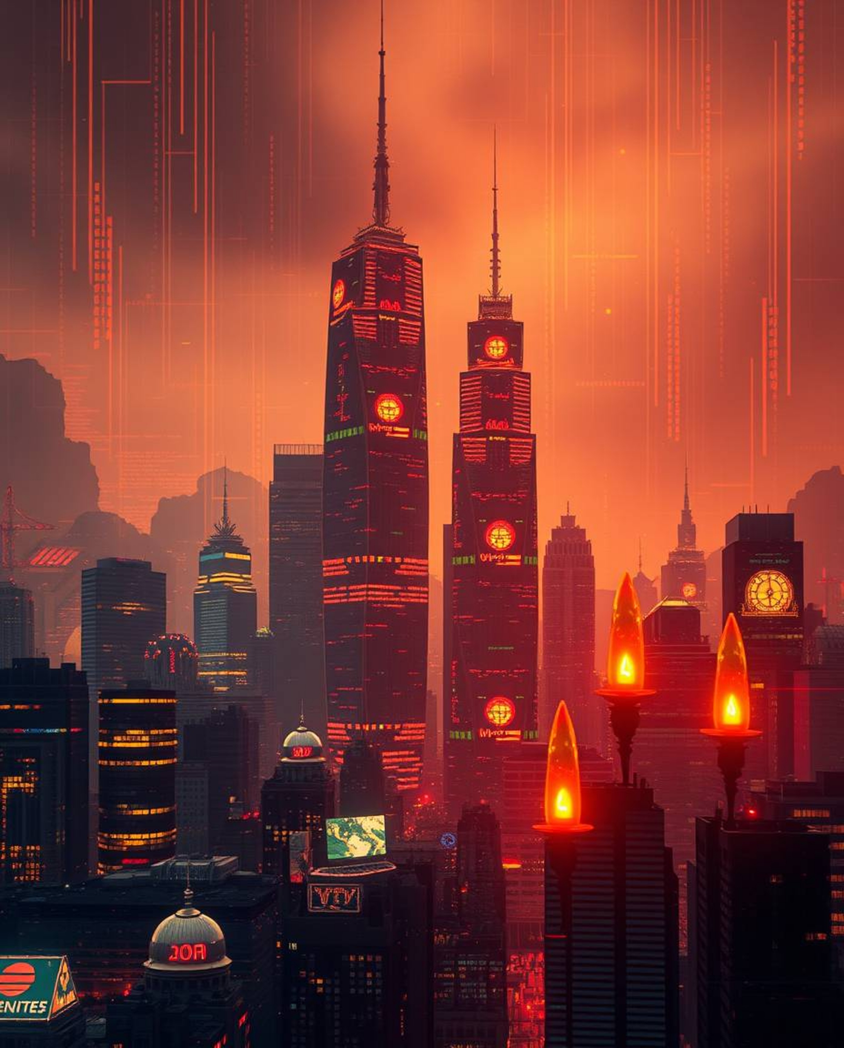 A captivating image showcasing a warm and inviting glitchy digital landscape.  Distorted skyscrapers pierce a sky filled with