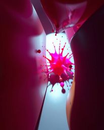 Explore a surreal digital space filled with abstract 3D colorful splash shapes. This high-contrast, low-key image utilizes a 