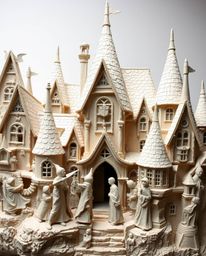 Explore a magical school brought to life through the art of layered papier-mâché. This unique creation, filled with young wiz