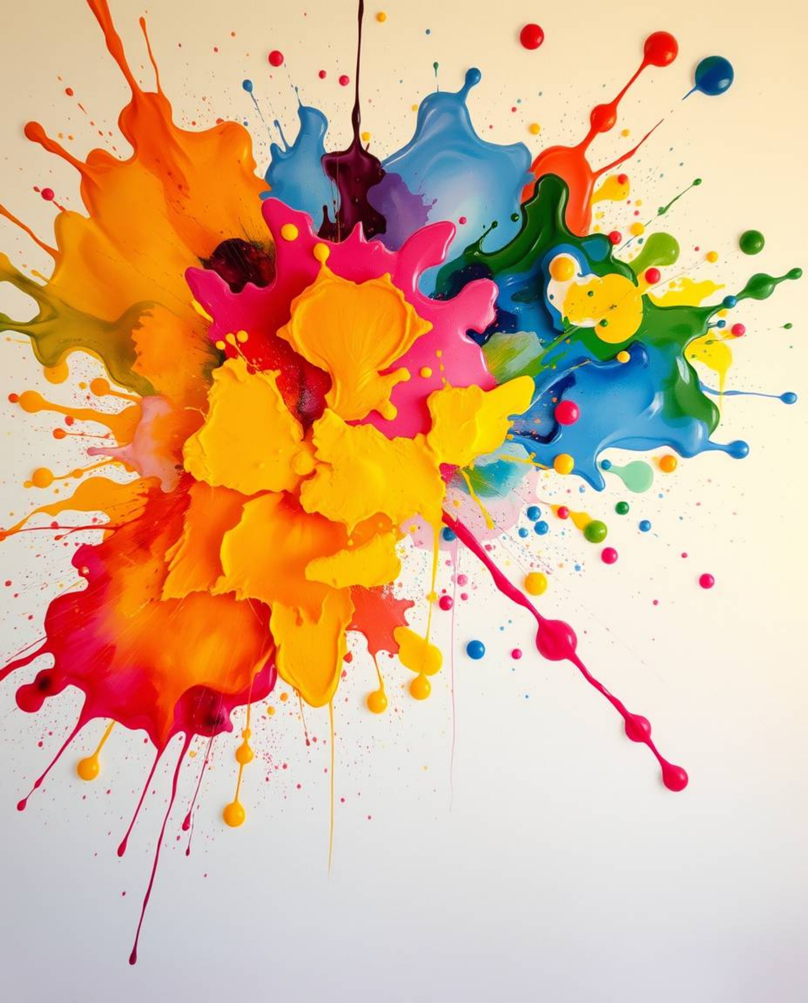 Experience a vibrant explosion of colorful paint splashes across a pristine white canvas, a mesmerizing display of abstract a