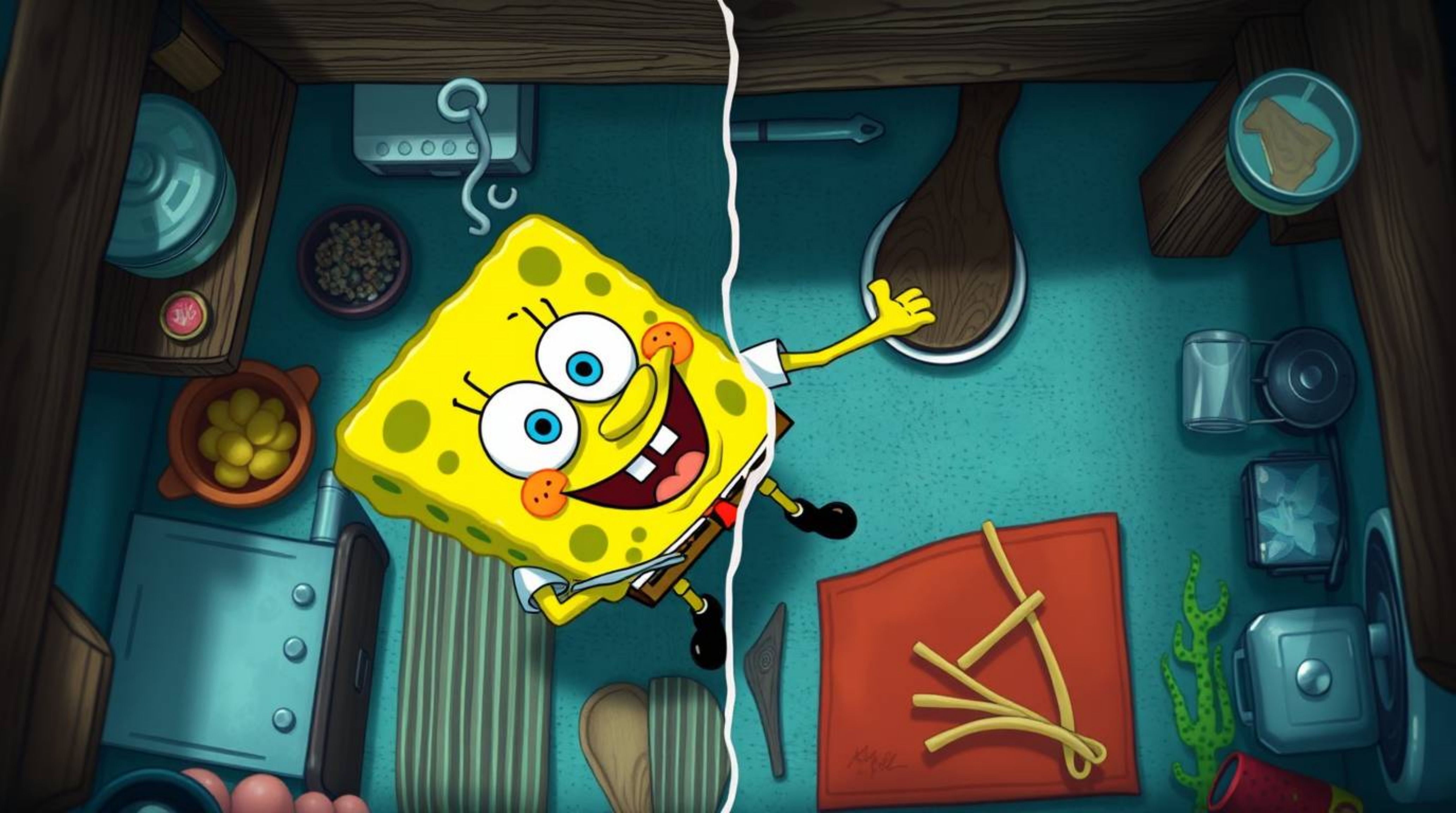 Experience a captivating bird's-eye view of a beloved sponge character diligently cooking in an vibrant underwater kitchen. T