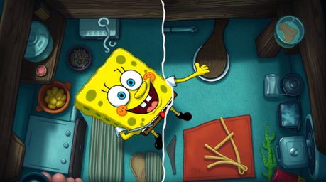 Experience a captivating bird's-eye view of a beloved sponge character diligently cooking in an vibrant underwater kitchen. T