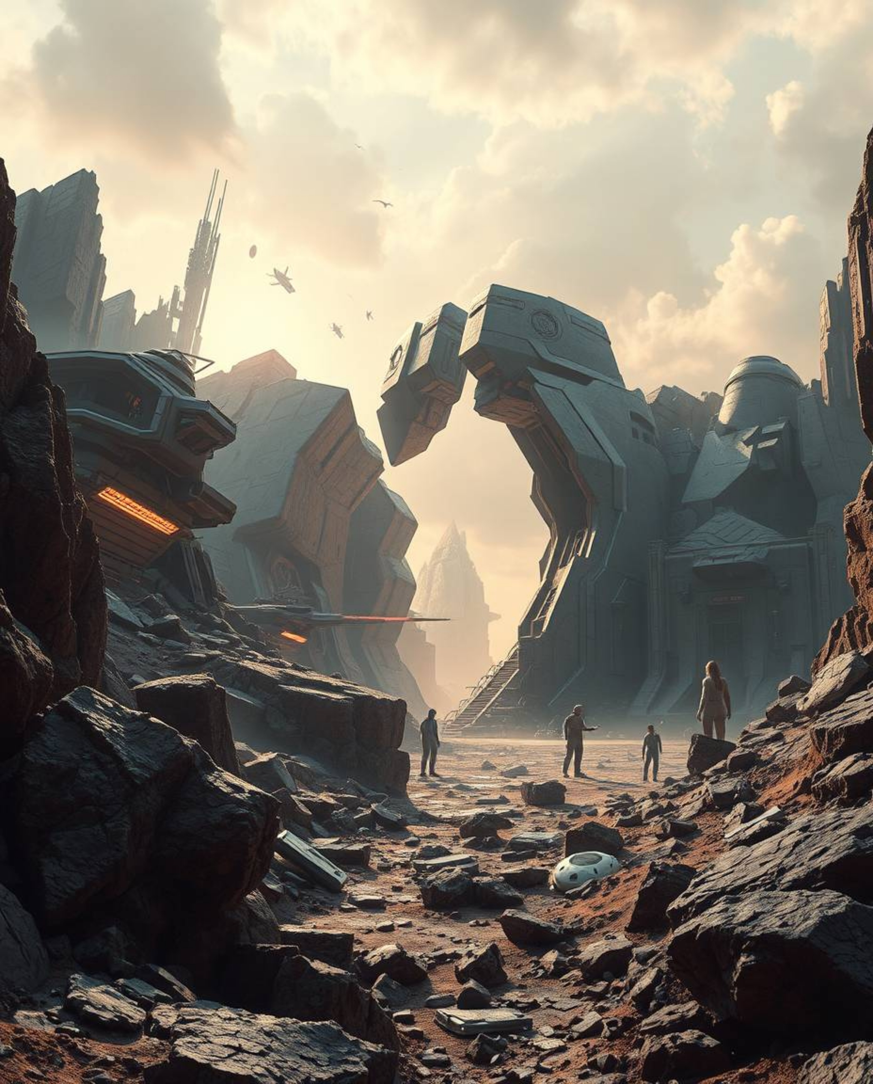 A dramatic, low-angle shot of a futuristic sci-fi landscape breaking apart, infused with advanced technology and space elemen