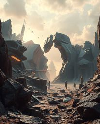 A dramatic, low-angle shot of a futuristic sci-fi landscape breaking apart, infused with advanced technology and space elemen