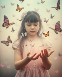Immerse yourself in a dreamlike surreal scene featuring a girl gently releasing butterflies into the air.  The image is bathe