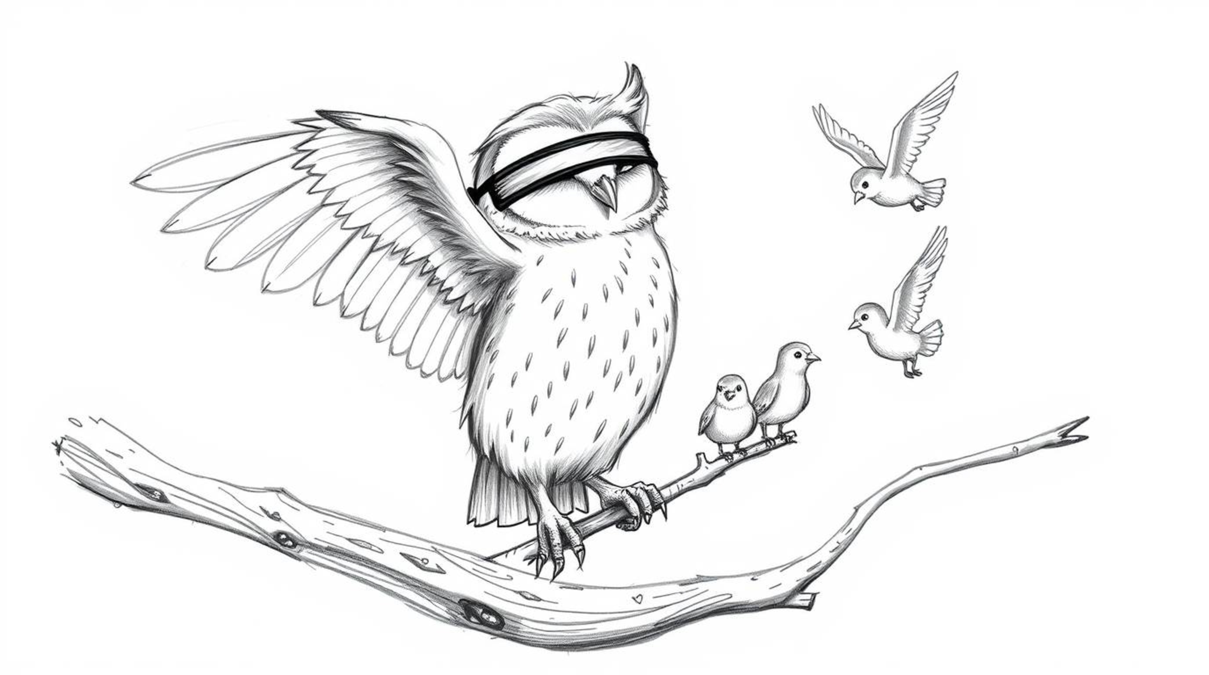 A heartwarming hand-drawn sketch in the style of Pixar portrays a blind owl with gentle, soft feathers dedicated to teaching 