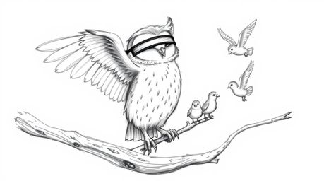 A heartwarming hand-drawn sketch in the style of Pixar portrays a blind owl with gentle, soft feathers dedicated to teaching 
