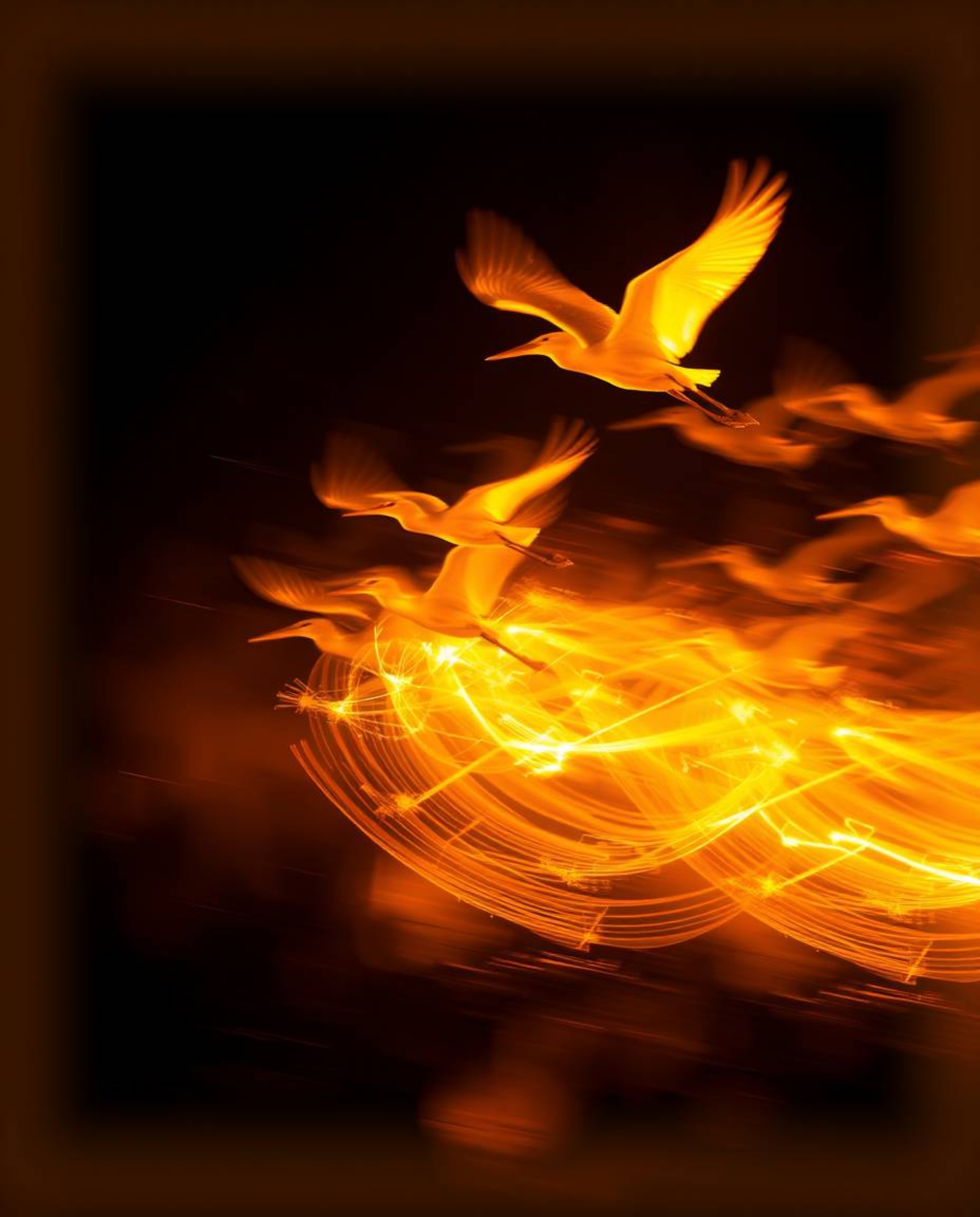 Dynamic light art depicting a Golden hour wetland with herons in flight. This piece is characterized by its artistic lighting
