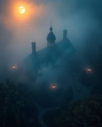 A captivating overhead bird's-eye view showcases a fog-laden Victorian mansion bathed in the ethereal glow of moonlight. The 