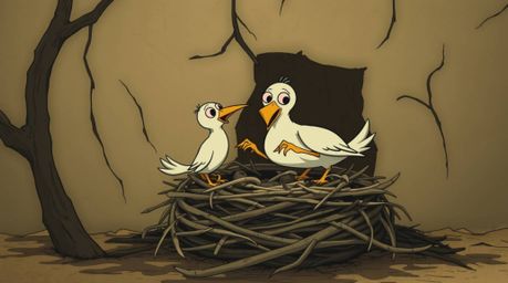 Witness two cartoon birds constructing a nest in a classic animation style. The scene evokes an eerie, creepy atmosphere, uti