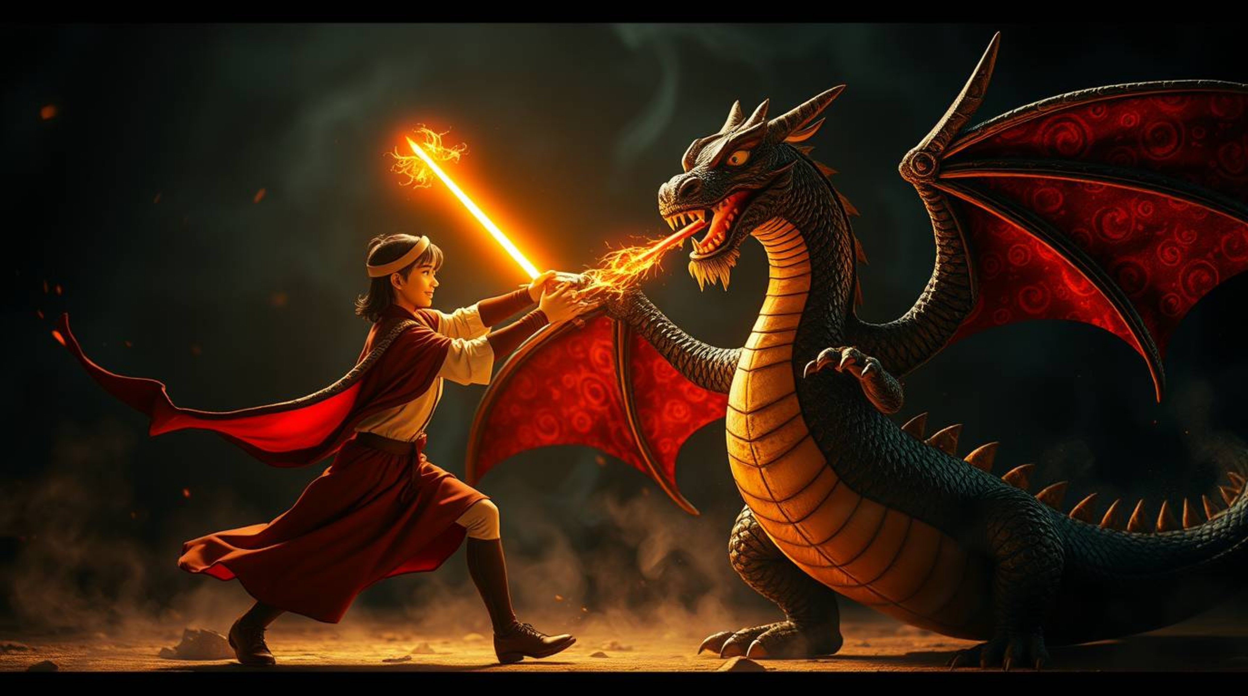 A captivating light art photograph depicts a charming prince battling a dragon in a dramatic, cinematic style reminiscent of 
