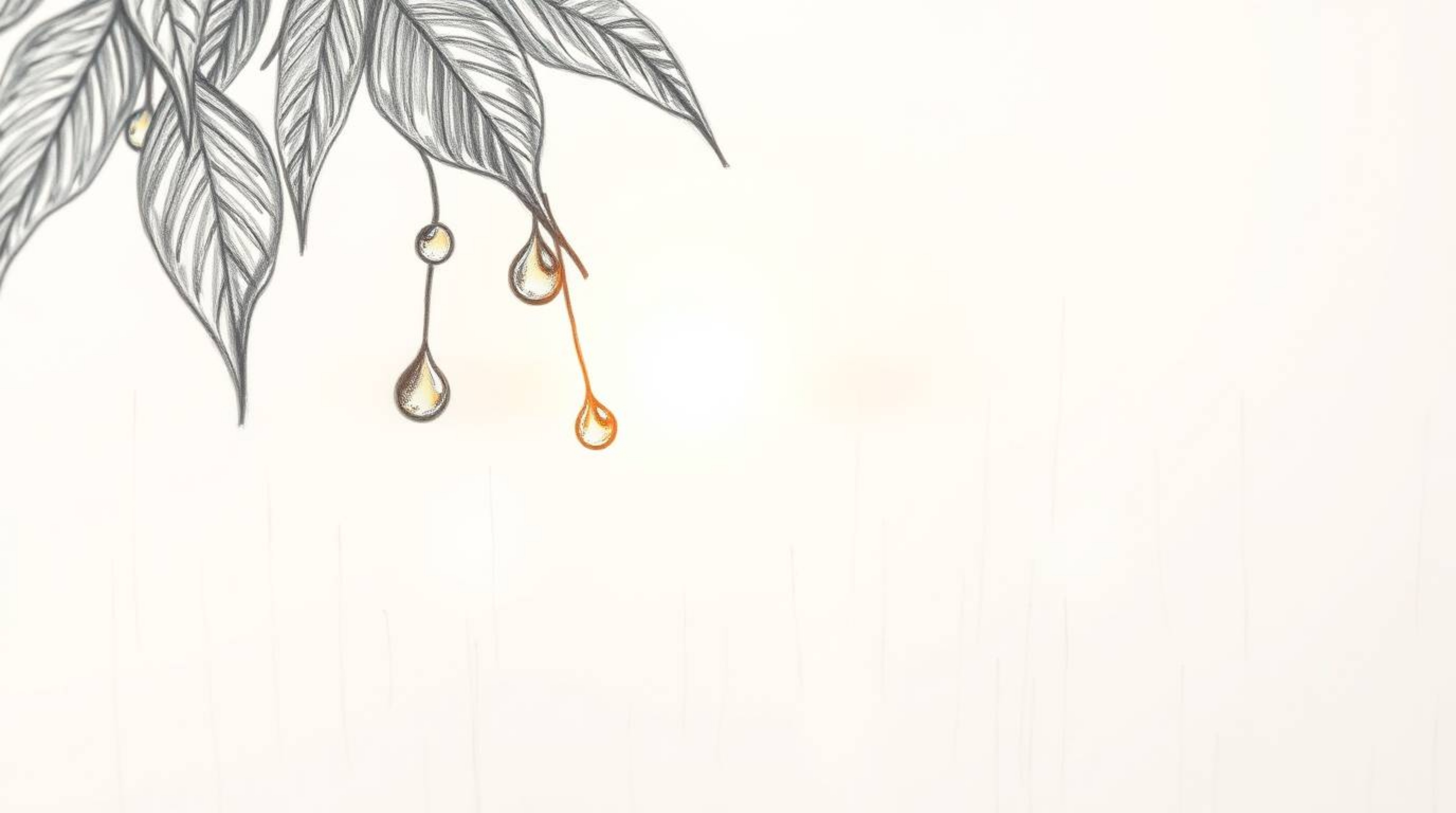 This artwork is a hand-drawn pencil sketch capturing the serene beauty of a sunset reflected in raindrops on leaves.  The sof