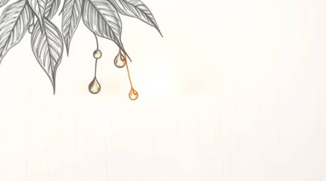 This artwork is a hand-drawn pencil sketch capturing the serene beauty of a sunset reflected in raindrops on leaves.  The sof