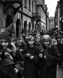 Discover captivating black and white street photography showcasing a magical school filled with young wizards.  These candid 