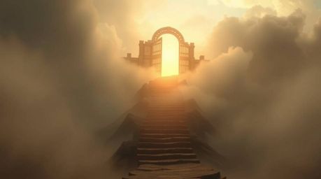 A fantasy realism depiction featuring a heavenly gate floating above the clouds, rendered in natural earth tones with thick, 