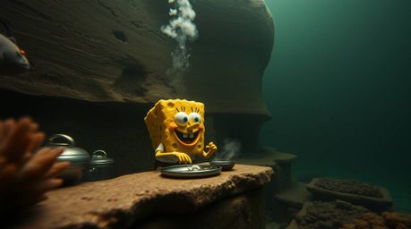 A captivating long-exposure photograph depicts a sponge character engrossed in cooking within a serene underwater kitchen.  R