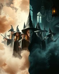 Discover a captivating magical school divided into light and dark sections, brimming with young wizards.  Experience a striki