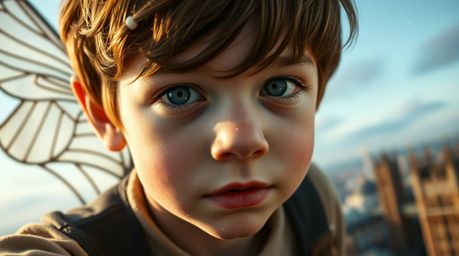 Experience the magic of a young boy's enchanting flight above London, propelled by delicate pixie dust. This close-up shot ca