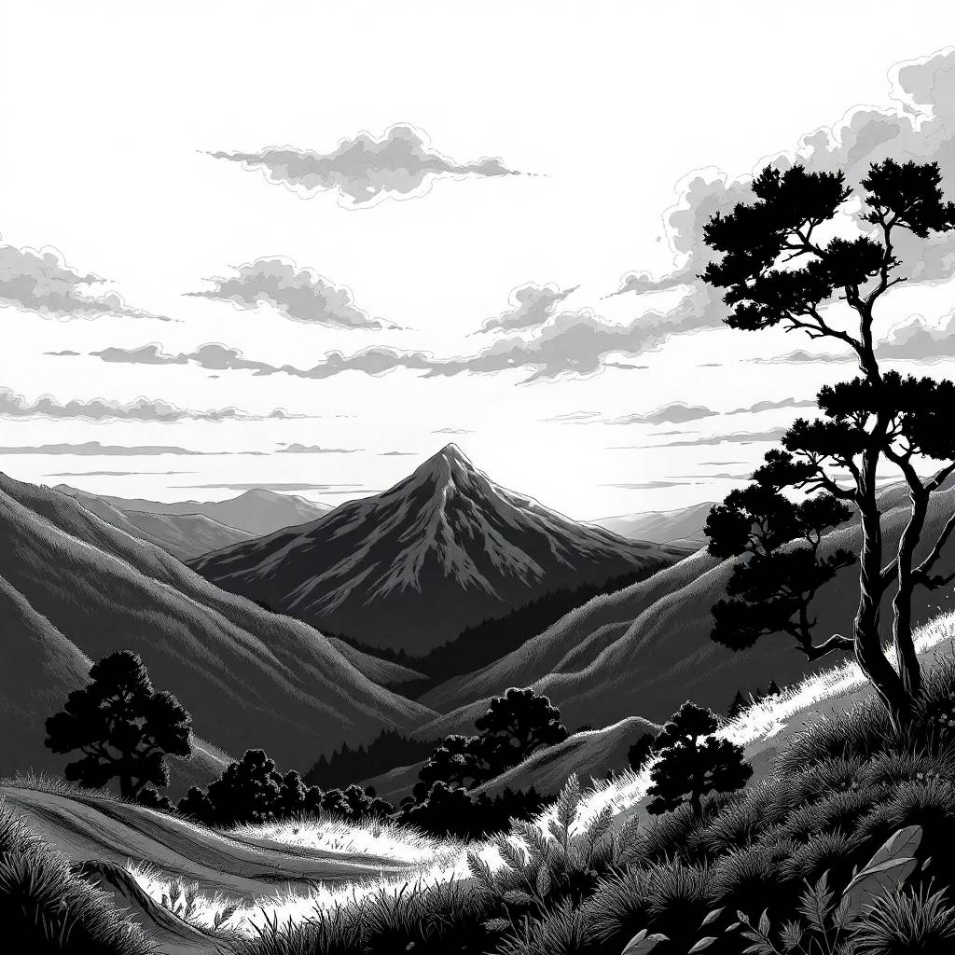 A classic black and white Isekai anime-style illustration depicts a serene sunset over a quiet mountain valley. The expressiv