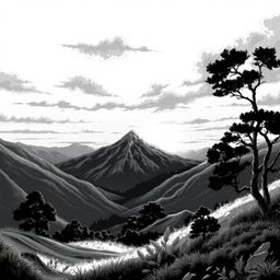 A classic black and white Isekai anime-style illustration depicts a serene sunset over a quiet mountain valley. The expressiv