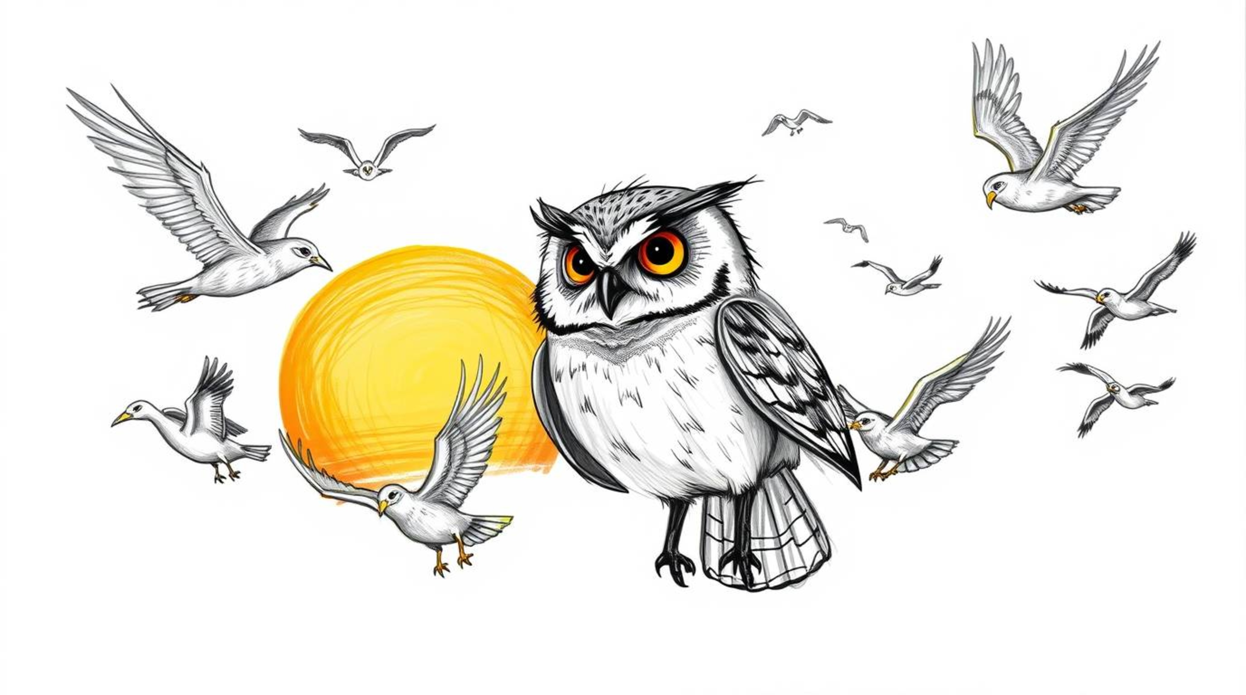 A heartwarming hand-drawn sketch in the style of Pixar depicts a kind, blind owl leading a diverse class of birds in flight a