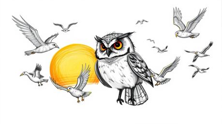 A heartwarming hand-drawn sketch in the style of Pixar depicts a kind, blind owl leading a diverse class of birds in flight a