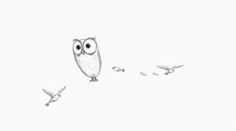 A heartwarming Pixar-style animation concept featuring a blind owl with large, round eyes, hand-drawn with textured pencil st