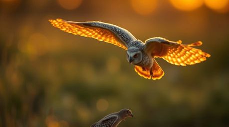 Capture the magic of the golden hour with a long-exposure photograph featuring a blind owl, rendered in the delightful style 