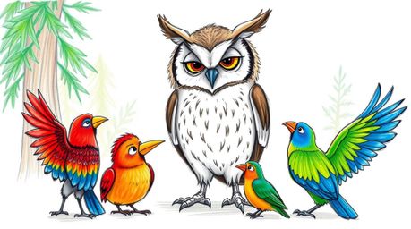 A charming hand-drawn sketch in the style of Pixar, depicting a wise, blind owl with soft fur and large ears.  This gentle ow