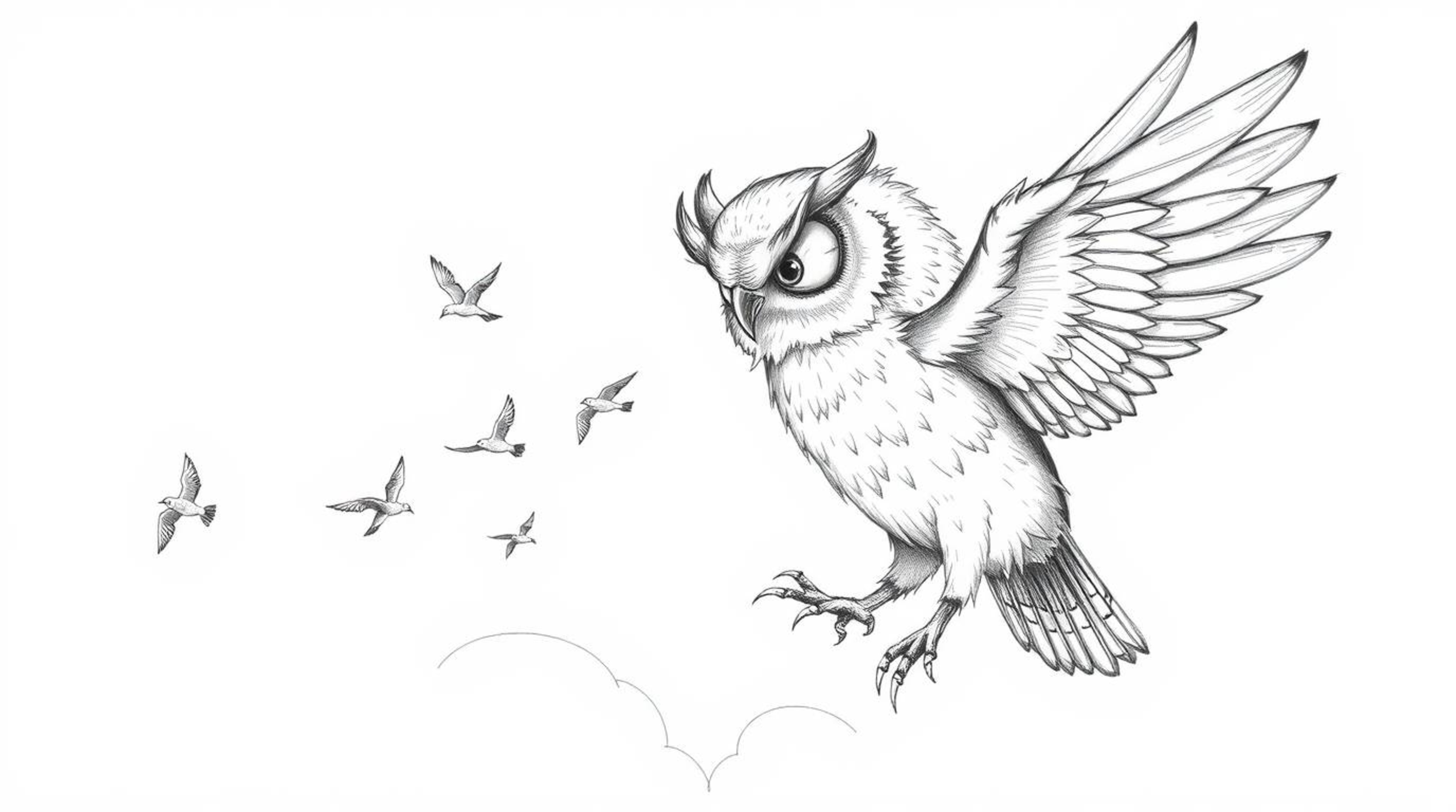 A heart-warming Pixar-style hand-drawn sketch depicts a blind owl, its feathers ruffled by the wind, majestically teaching sm