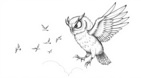 A heart-warming Pixar-style hand-drawn sketch depicts a blind owl, its feathers ruffled by the wind, majestically teaching sm