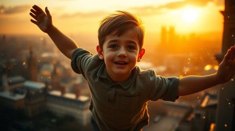 A captivating image of a young boy with light brown skin soaring above London, powered by magical pixie dust. Bathed in the w
