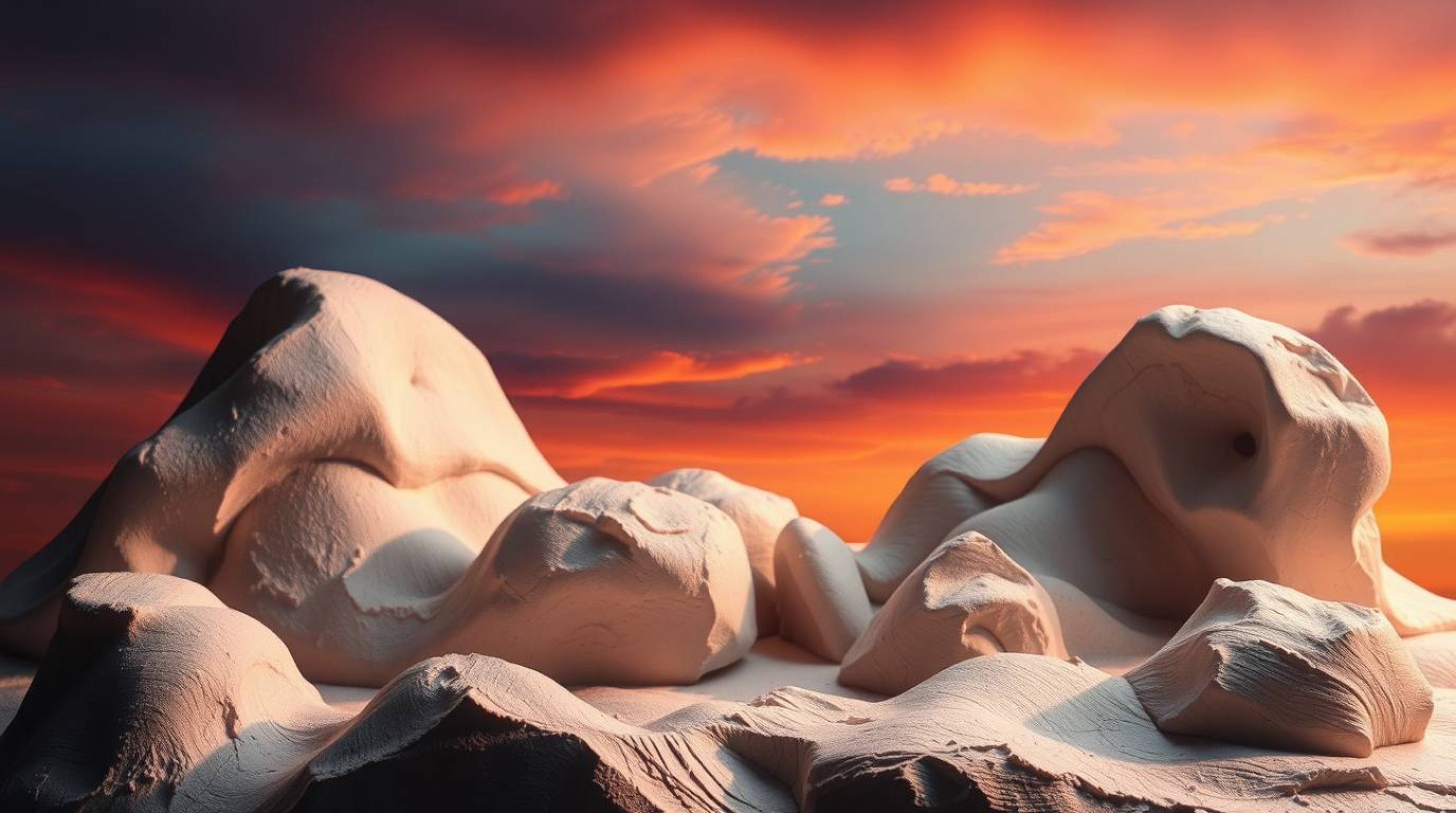 This high-contrast low-key lighting sculptural clay art piece captures a stunning sunset sky gradient with soft, dreamy textu