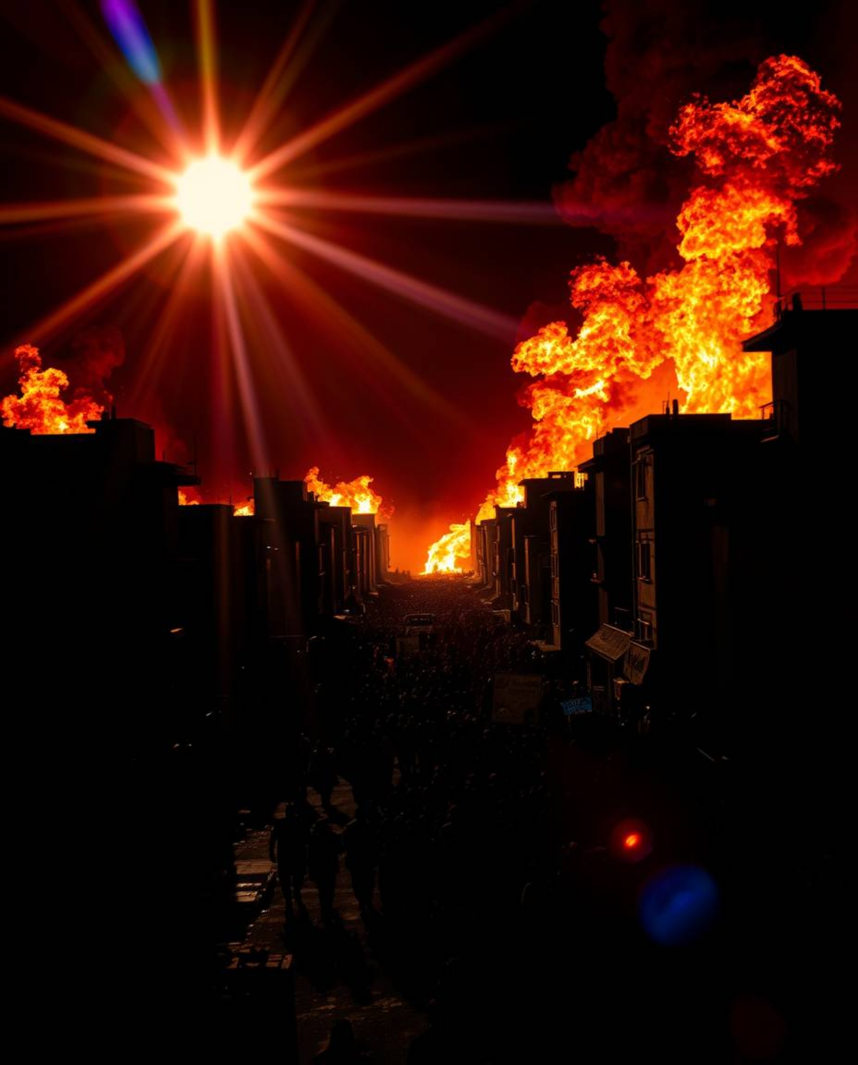 A chaotic scene unfolds as a city is consumed by fire, with people desperately fleeing in all directions. The image is charac