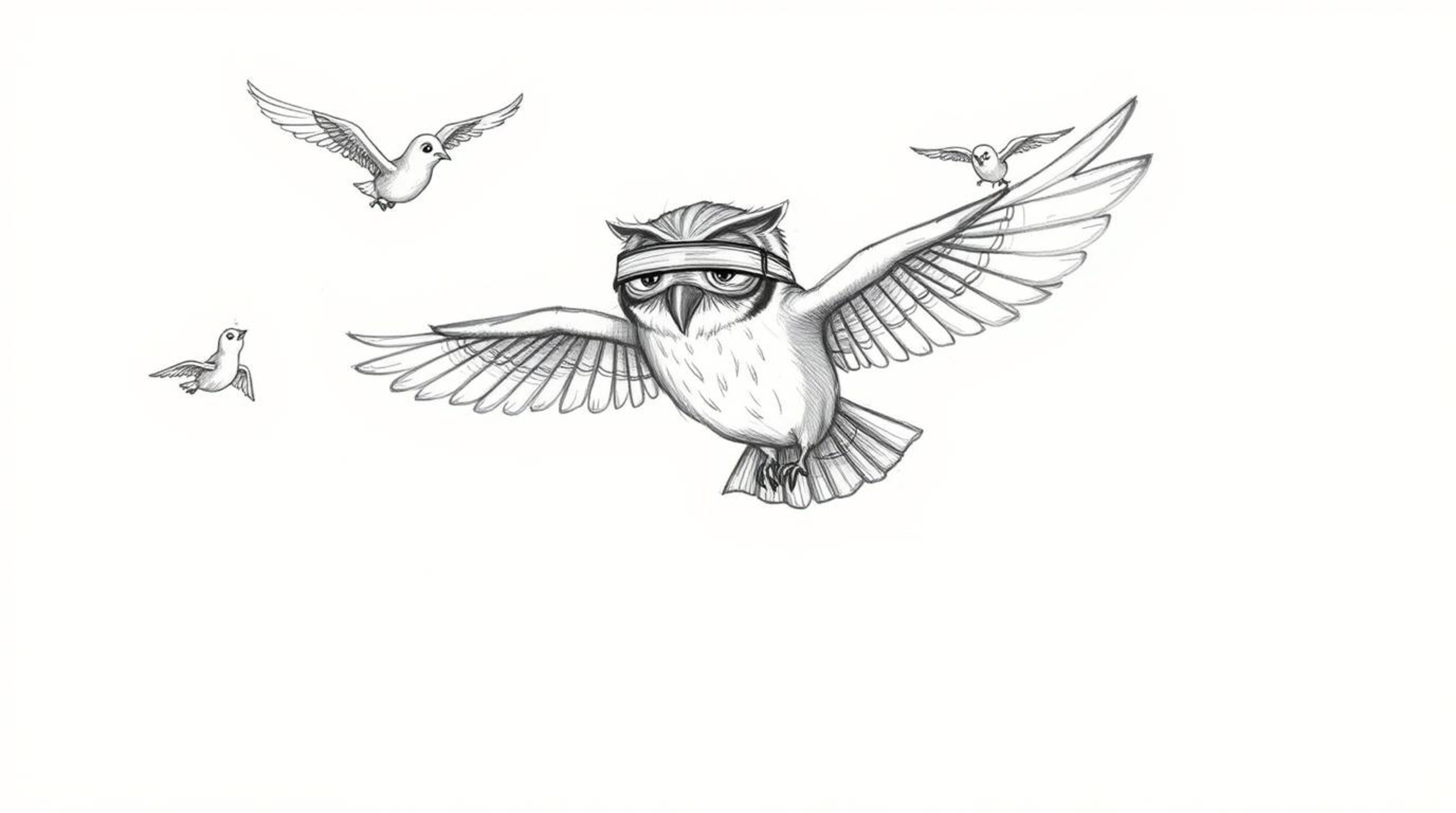 A captivating hand-drawn sketch depicts a blind owl, rendered in the style of Pixar animation, guiding a flock of birds in fl