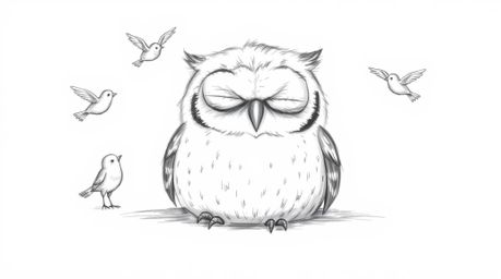 A heartwarming, hand-drawn sketch in the style of Pixar depicts a blind owl, radiating wisdom with its gentle features, resti