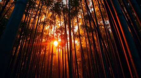 Experience a breathtaking cinematic scene of a bamboo forest bathed in the warm glow of a sunset.  This image boasts bright, 