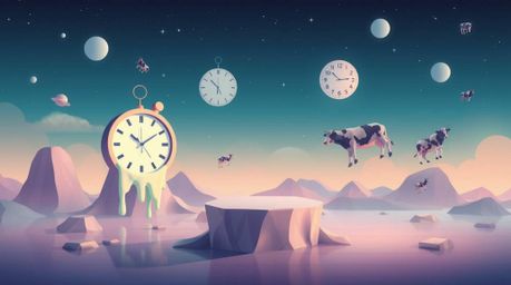 Explore a modern flat design interpretation of a surreal dreamscape, featuring the iconic imagery of melting clocks and float