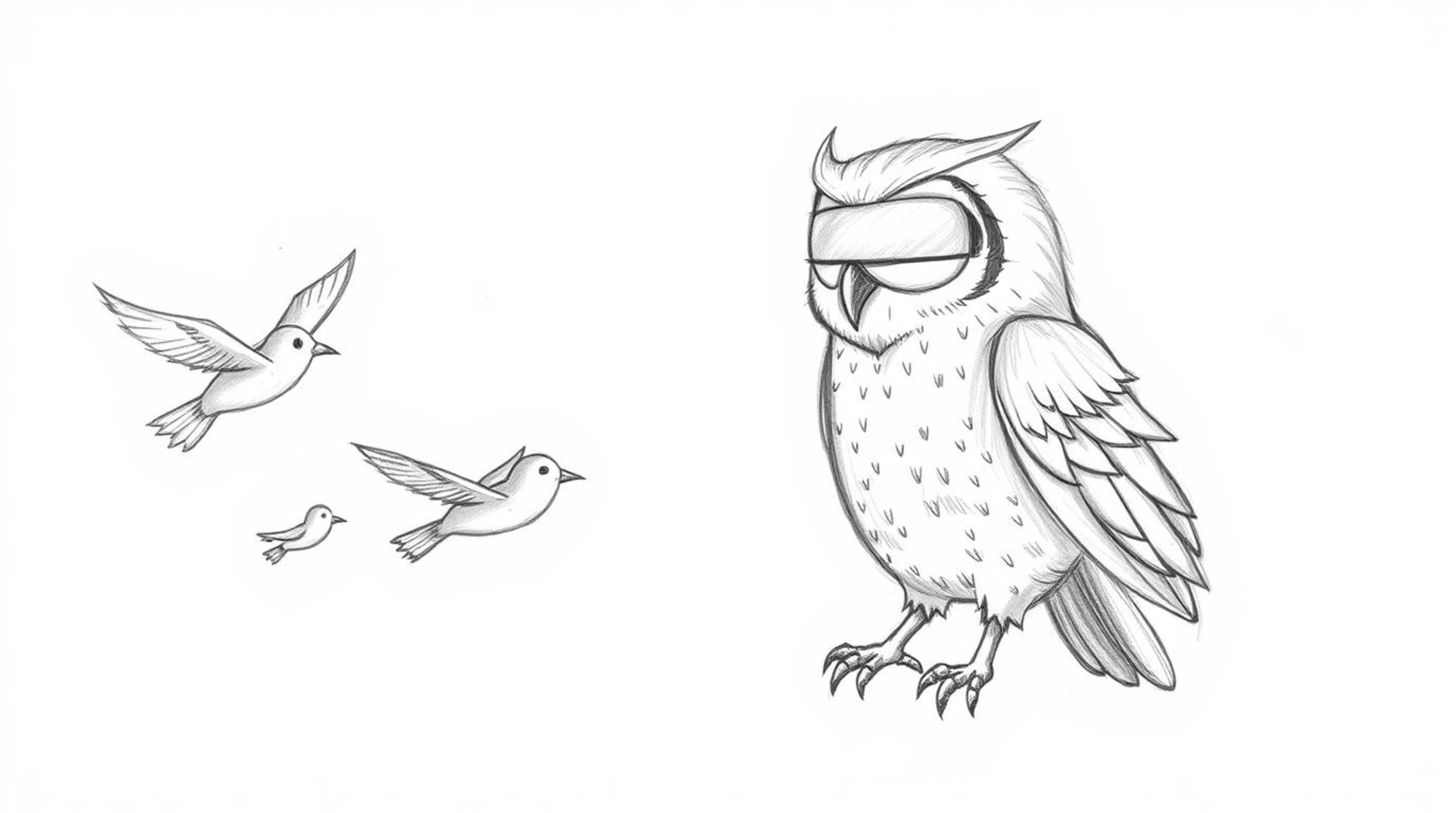 A hand-drawn sketch in a Pixar-inspired style portrays a blind owl patiently guiding a flock of birds in flight training, sho