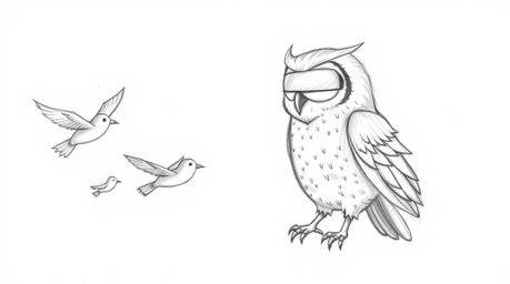 A hand-drawn sketch in a Pixar-inspired style portrays a blind owl patiently guiding a flock of birds in flight training, sho