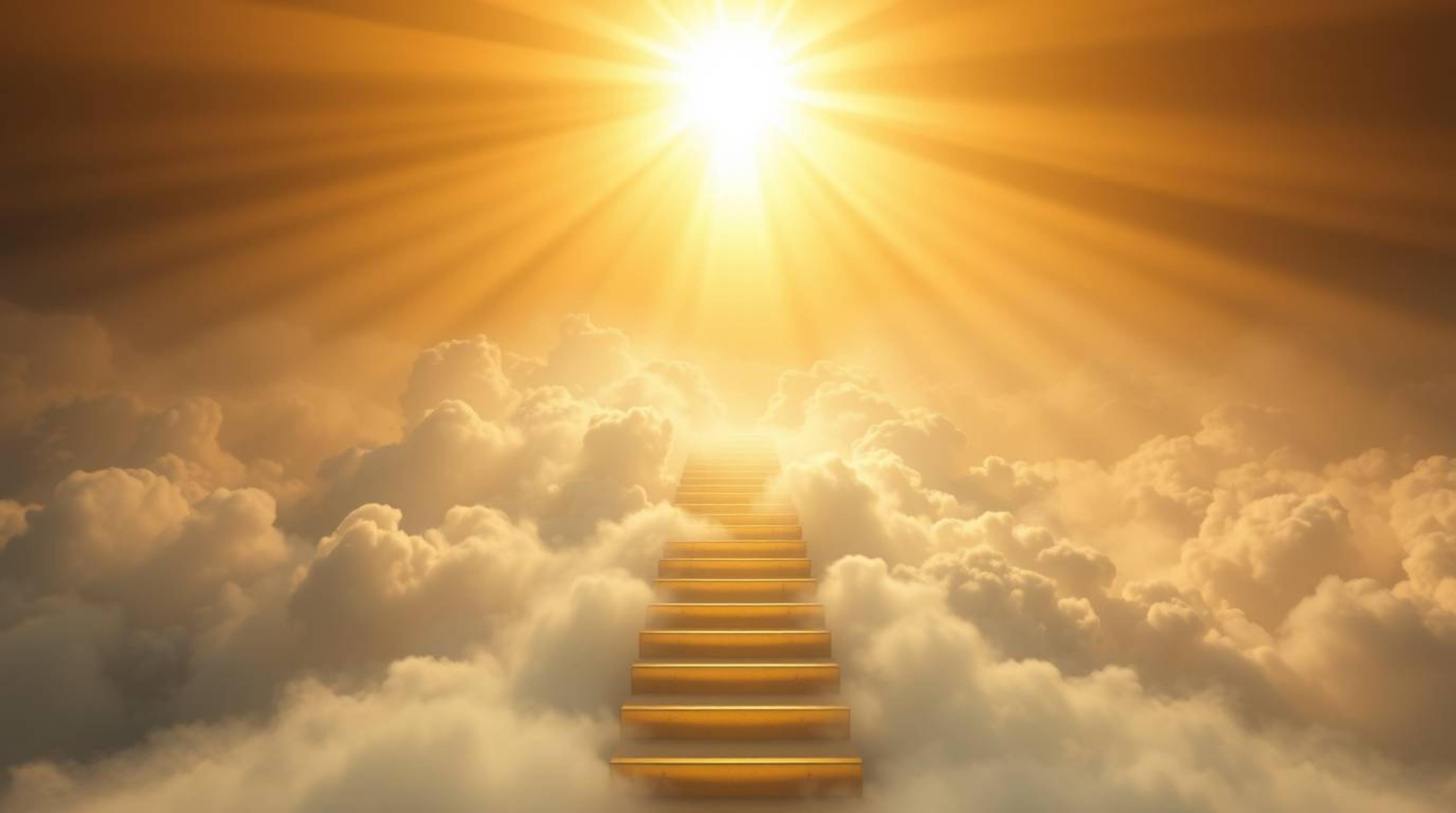 Experience a divine and ethereal atmosphere with this high-angle perspective showcasing a golden staircase rising through the