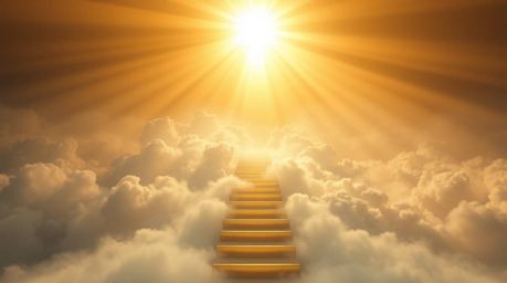 Experience a divine and ethereal atmosphere with this high-angle perspective showcasing a golden staircase rising through the