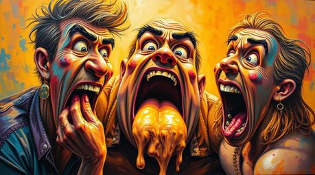 A bold and vibrant acrylic painting captures a hilarious gross-out comedy moment.  Exaggerated expressions and textured brush