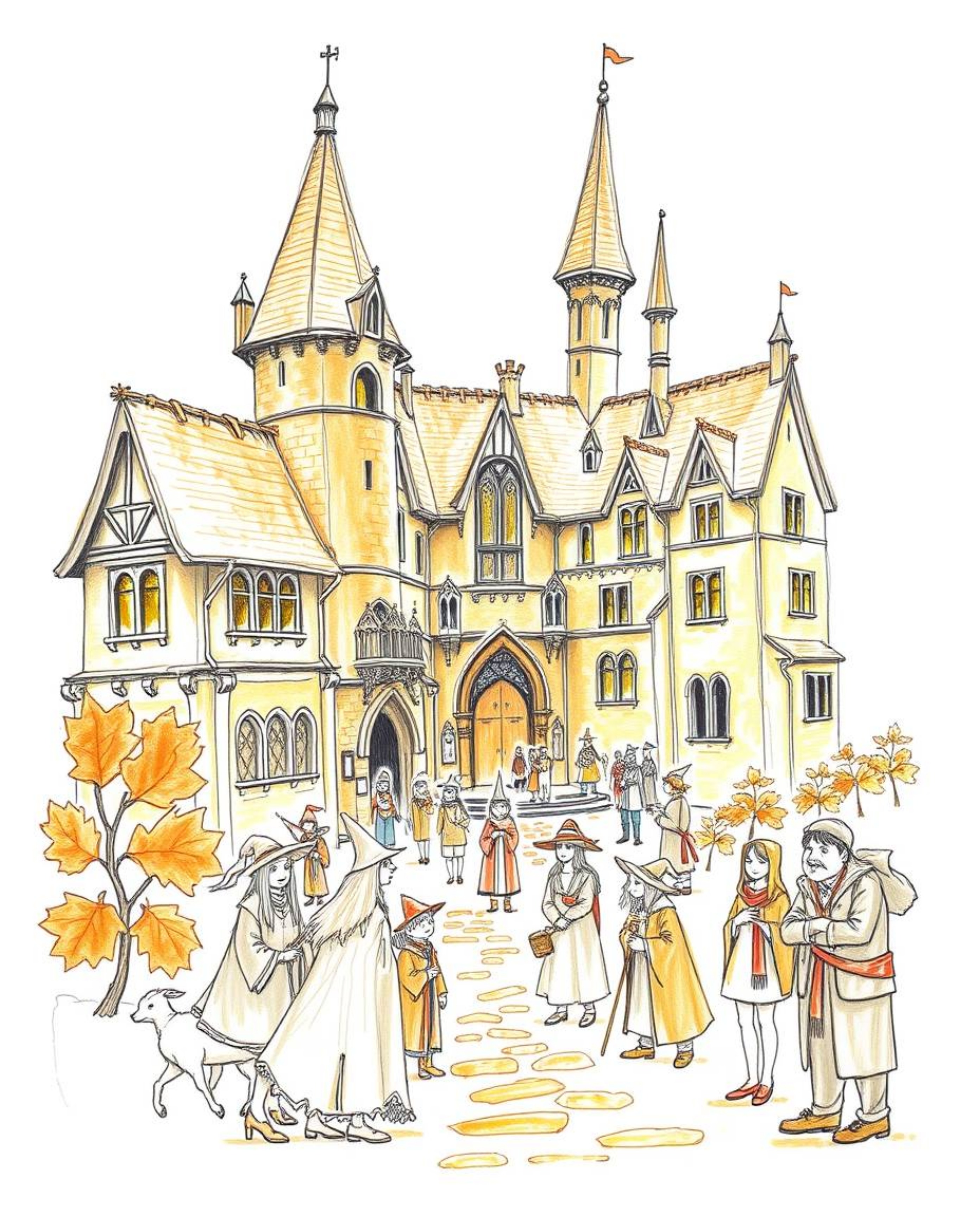Discover a charming hand-drawn sketch depicting a magical school brimming with young wizards. The illustration features warm