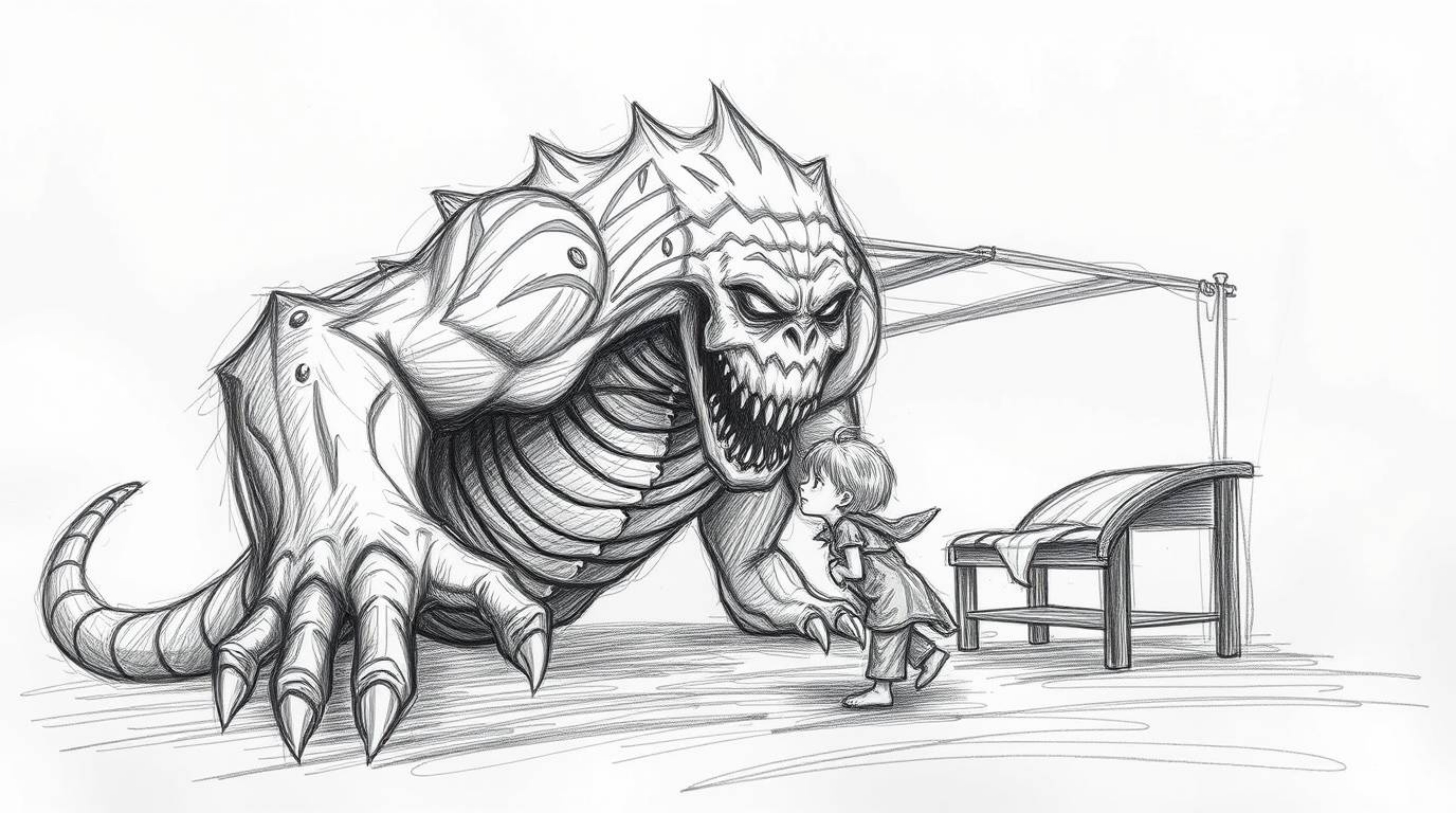 A hand-drawn sketch depicting an epic and grand scene unfolds, showcasing a monster under the bed forming an unlikely friends