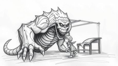 A hand-drawn sketch depicting an epic and grand scene unfolds, showcasing a monster under the bed forming an unlikely friends